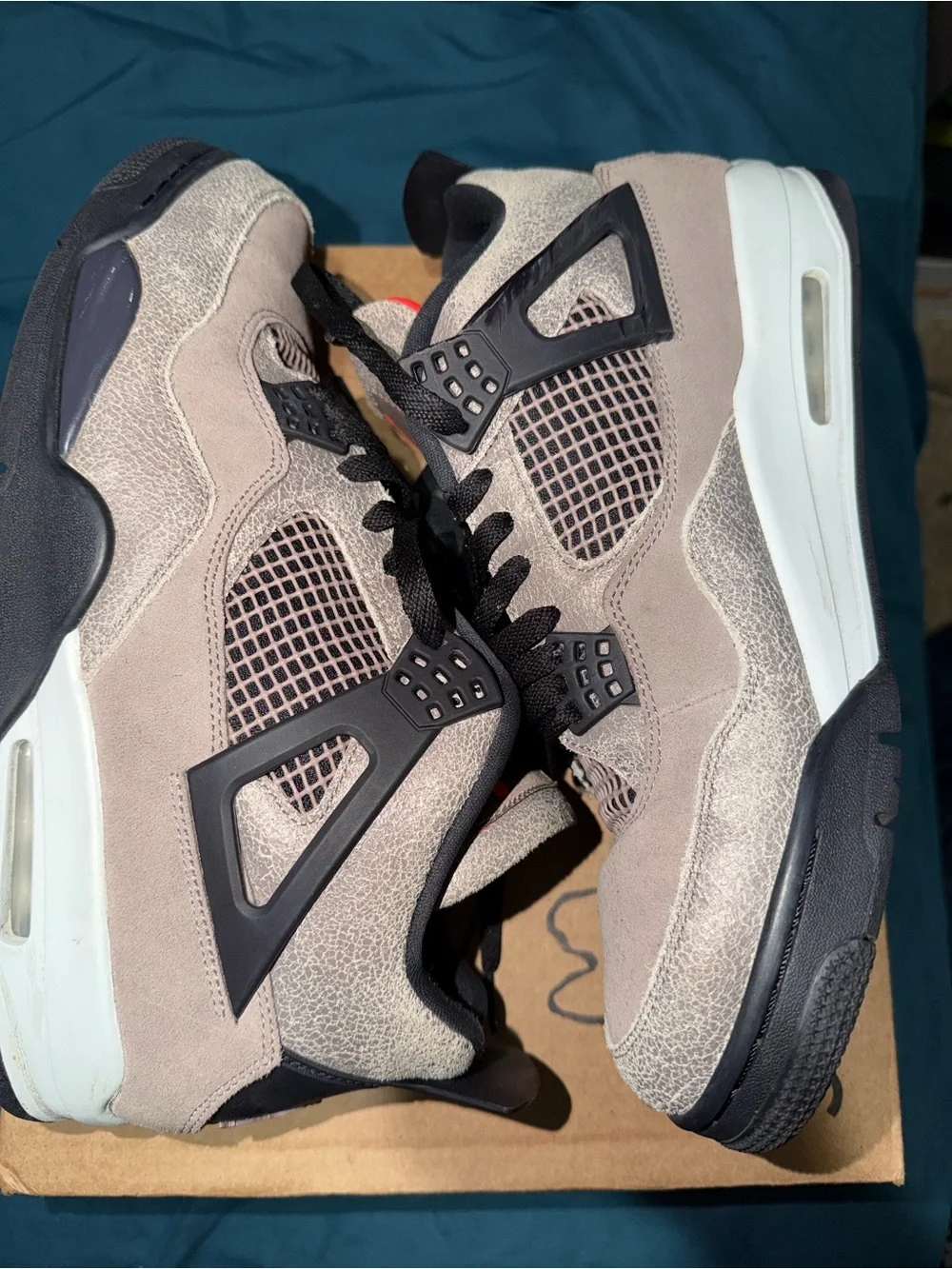 Jordan Retro 4 Suede Taupe and Black Sneakers with Red Jumpman Size 12